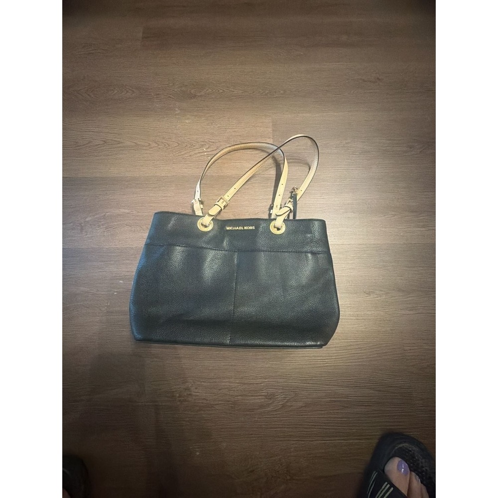 Michael Kors Bedford Black Pebbled Leather Tote‎ Bag Tan Straps Gold Hardware